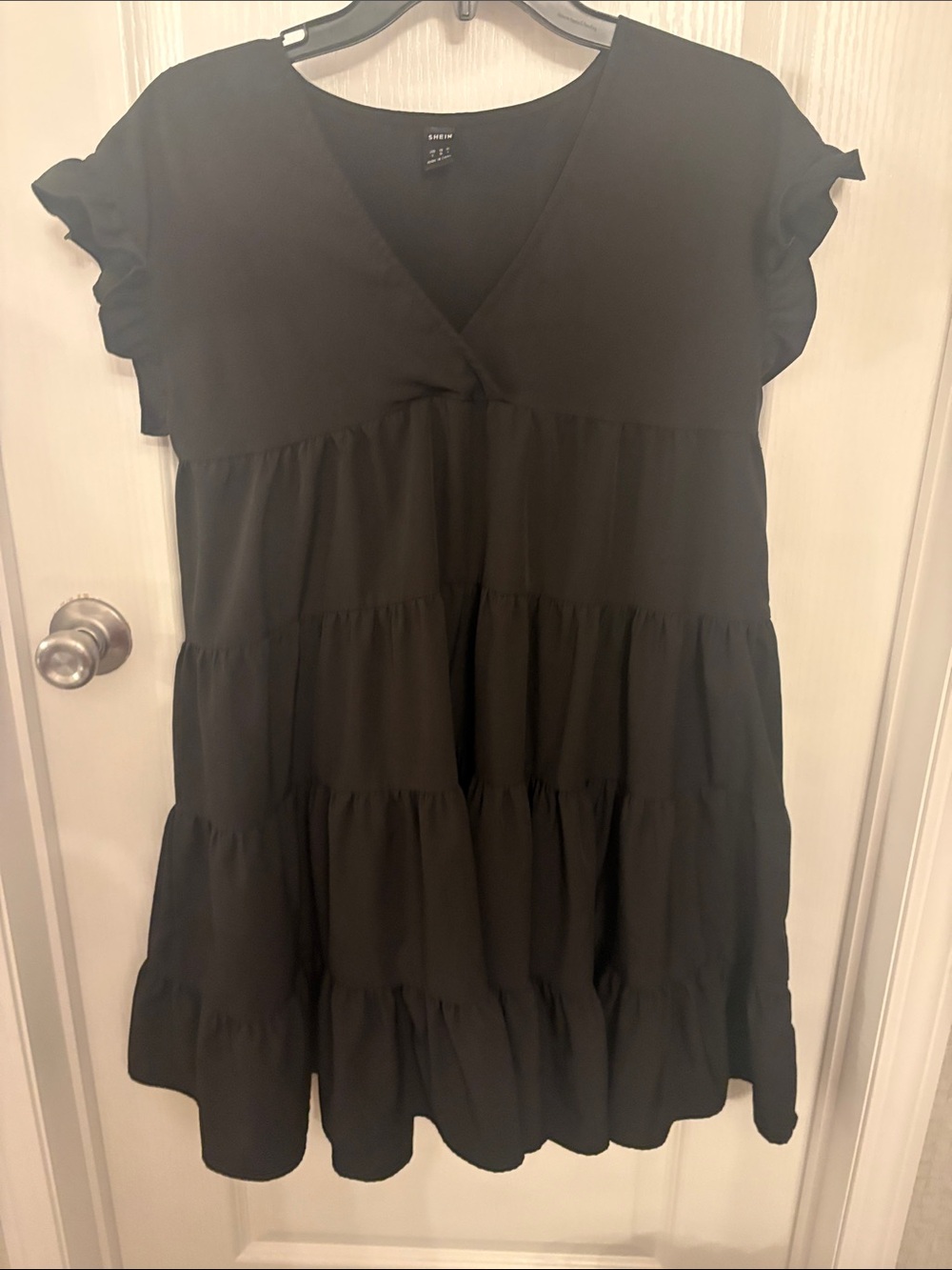 SHEIN Black Tiered V-Neck Ruffle Sleeve Mini Dress